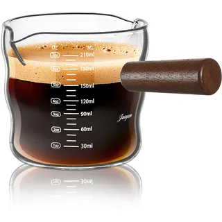 Joeyan 210ml Messbecher Glas mit Holzgriff, 7 oz Milchkännchen mit Skala, Klarer Espressotassen mit V-förmiger Doppel-Ausgießer,Borosilikatglas Measuring Cup für Cocktail Coffee Macha,Barista Zubehör