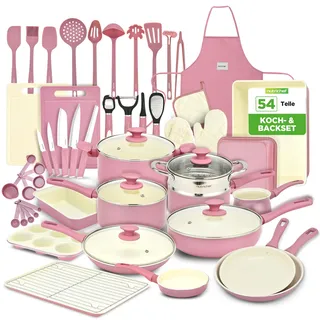 NutriChef Topfset & Pfannenset – 54-teiliges Antihaft-Kochgeschirr Blush Pink | Inkl. Küchenutensilien, Backblech, Messer | Für Induktion, Gas & Elektro | Gesund & fettfrei kochen
