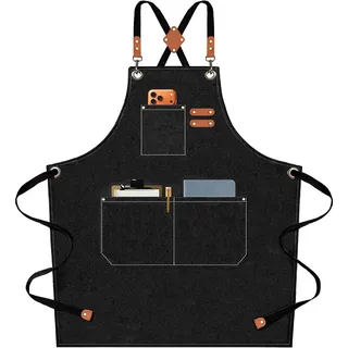 AFUN Kochschürze, Baumwollleinen, Kreuzrückenschürze mit verstellbaren Trägern und großen Taschen, Größe M bis XXL (schwarz)
