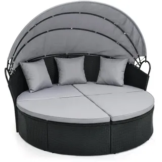 COSTWAY Sonneninsel Polyrattan, Sonnenliege für 2 Personen, Gartenliege mit Dach, Sitz- & Rückenkissen, Lounge Möbel Outdoor, Liegeinsel Grau - Schwarz, Grau
