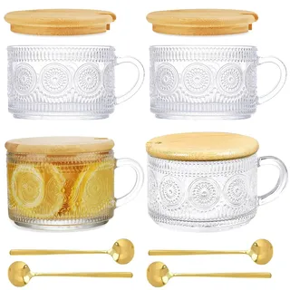 4 Stück Transparente Kaffeetassen Set mit 4 Deckel 4 Löffel, 450ml/15oz Vintage Geprägte mit Griff Oats Gläser, Frühstückstasse für Porridge, Milch, Cappuccino, Tee Glas für Geburtstag, Weihnachten