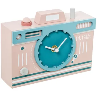 DRW Spardose aus Holz in Form Einer Fotokamera in Rosa und Blau, 14 x 6 x 18 cm