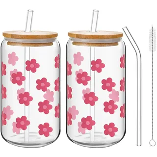 KATIMI Blumen Glas mit Deckel und Strohhalm: 2 Stück 16 Oz Blumen Glasbecher, Trinkgläser Bubble Tea Becher Iced Coffee Glas, Rosa Trinkglas mit Strohhalm und Deckel für Bubble Tea Cocktail