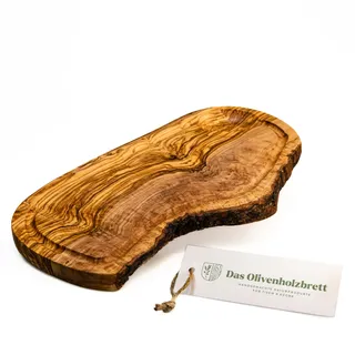 DAS OLIVENHOLZBRETT® Olivenholz Schneidebrett mit Saftrille/Servierbrett aus Olivenholz/Steakbrett/Olivenholzbrett mit Saftrille/Naturschnitt/ca. 40-44cm lang, 20-21cm breit