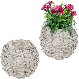 Relaxdays Blumentopf, 2er Set, Rattan, Pflanzentöpfe mit Folie, HxD: 17 x 20 cm, runde Pflanzkörbe für innen, weiß/Natur