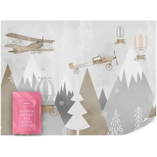 Muralo Fototapete für Kinderzimmer Flugzeuge Bergen Bäume 500x350 , Braun, Beige, Grau , Papier , Märchen/ Fantasie, Fahrzeuge , Rechteckig , 500x350 cm ,