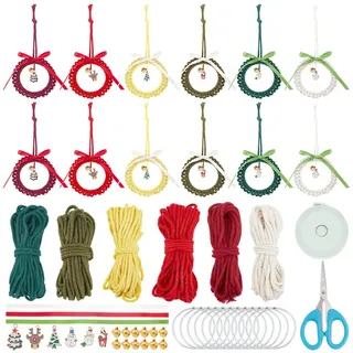 FREEBLOSS 12 Set DIY Makramee Kranz Ornamente Für Weihnachten Makramee Kit Wandbehang Weihnachtsbaum Hängeornamente Mit Baumwollkordel Kit Für Anfänger