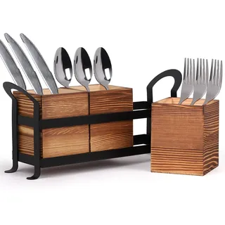 lalago 3-tlg. Besteckkasten Holz Metall, Besteckhalter Holz für Tisch, Holzbesteck Metallgestell, Besteckkorb Löffelhalter, Besteck Tisch Organizer, Besteckständer Esstischdeko für Küchentisch Braun