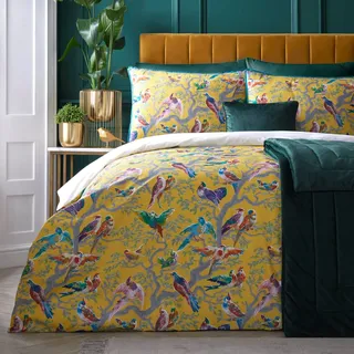 Laurence Llewelyn-Bowen Bettbezug mit gelben Vögeln, Super-King-Size-Bett (260 x 220 cm), weicher 100% Baumwollsatin, 2 Kissenbezüge, Fadenzahl 200, Luxus-Bettwäsche, Vogel-Bettbezug in Gelb