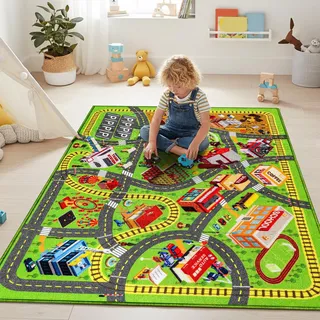 Spielteppich Kinder – Autoteppich mit Straßenmotiv, rutschfeste Spielmatte für Autos & Lastwagen, Kinderteppich für Spielzimmer, Schlafzimmer, Straßenteppich für Jun (3D-Straßenszene, 150X100 CM)