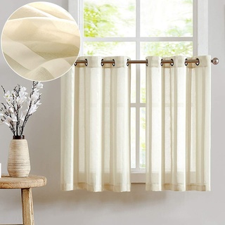 TOPICK Voile Scheibengardinen mit Ösen Transparent Bistrogardine Landhaus Streifen Küchenvorhang Gestreift Küchengardinen Paarig für Badezimmer Klein Fenster Dekor 90x90cm(BxH) Beige 2er Set