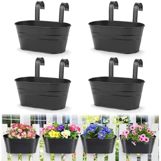 LATERN 4 Stück Metall Aufhängen Blumentöpfe, 27,5cm Große Blumentöpfe Hängender Blumeneimer mit Abnehmbarem Haken für Balkon Zaun Garten Heim Dekor (Schwarz)