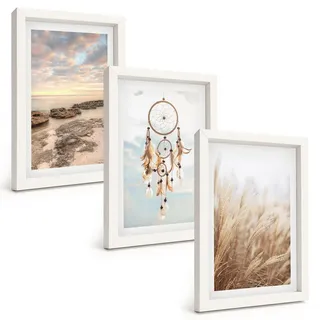 Tulup Bilder SET 3er Set - 20x30 cm Weißer Rahmen - Wolkenmeer, Traumfänger, Gras , Kunststoff , Rechteckig , 20x30 cm , einfache und schnelle Anbringung , Bilder & Rahmen, Bilder