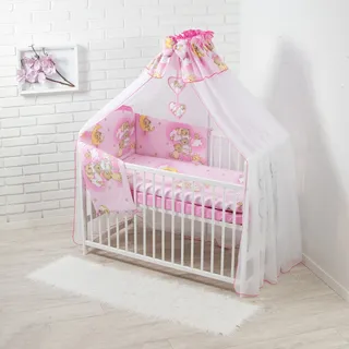 HAPPY 13 Teiliges Babybett Kinderbett und Bettwäsche komplett Set höhenverstellbar aus Massivholz für Neugeborene Babys und Kleinkinder (Rosa-Teddybär auf Leiter) - Rosa