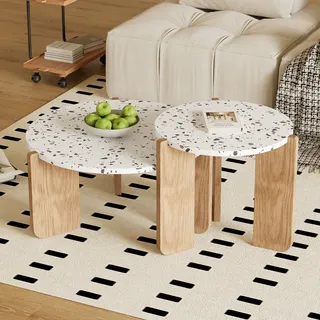 Merax Couchtisch Set Scandi, 2er Set Beistelltisch Set mit Holzbeine, rund Satztisch Set, Weiß Wohnzimmertisch Design Satztische 70x70x35/50x50x45.5cm - Weiß