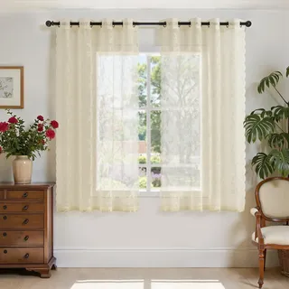 TOPICK Spitzen Gardinen lichtdurchlässig H 175 x B 150 (cm) 2er Set Lace Vorhänge Schal Rose Gardine mit Ösen Durchsichtig Vorhang für Wohnzimmer Esszimmer Schlafzimmer Beige