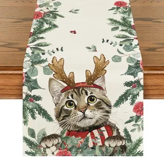 Artoid Mode Blumen Eukalyptus Katze Weihnachten Tischläufer 40x180 cm | Saisonal Winter Xmas Hause Wohnzimmer Tisch Dekoration Drinnen Urlaub Party Dekor