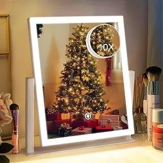 HYCFYJR Schminkspiegel mit Beleuchtung, Dimmbar Kosmetikspiegel mit Licht, 360°Drehung Tischspiegel mit 10X Vergrößerungspiegel, 3 Farbmodi, Makeup Spiegel Mirror Weiß
