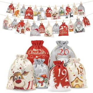 Adventskalender Säckchen zum Selbstbefüllen 24er Set 2024 2 Größen Stoffbeutel Tüten Weihnachtskalender für Kinder Erwachsene