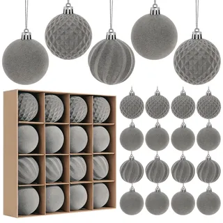 Miaikoe 16 Stück Samt Weihnachtskugeln hängende Ornamente Set, vorgebunden zerstörungsdicht Plastik Flocked Weihnachtskugeln Weihnachtsdekorationen Festival Feiertag Party Dekor (Grau, 6CM)
