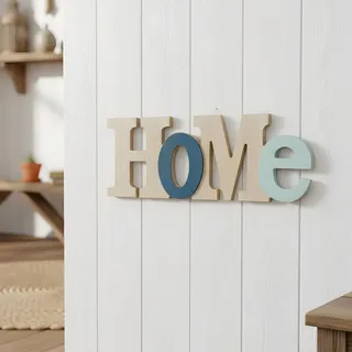 Schriftzug Home L35cm Blau Natur MDF Holz Buchstaben Deko Wanddeko Wandbild Hängedeko