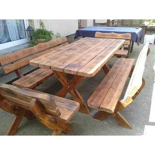 uniquemoebel Gartenmöbel AR-OC Holzgartenmöbel, Tisch + 2 Bänke + 2 kleine Bänke. Farbe geflammt