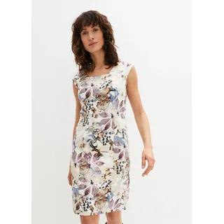 Etuikleid BONPRIX "Etuikleid aus Baumwollsatin", Damen, Gr. 42, N-Gr, beige (natur geblümt), Obermaterial: 56% Baumwolle, 42% Polyester, 2% Elasthan, figurbetont, Kleider Etuikleid, für eleganten Anlass, aus Baumwollsatin, Polyester und Elasthan