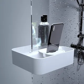 Tiger 2-Store Clip-on Duschkorb, Duschablage zum Klemmen auf die Duschwand, Montage ohne Bohren, Ablage für Duschgel mit integriertem Haken + Smartphone-Halter, Edelstahl, Kunststoff, Farbe: Weiß