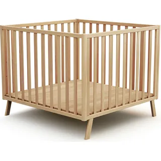 AT4 – Verstellbarer Baby-Laufstall aus Holz KASA Lackierte Buche 100 x 100 cm | Laustall XXL Boden in 3 Höhen | Struktur aus massiver Buche | Für Kinder bis 24 Monate