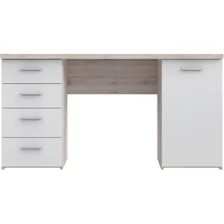 Forte Net 106 Schreibtisch mit 4 Schubladen und 1 Tür, Holzwerkstoff, Sandeiche + Weiß, 145 x 60 x 76.3 cm