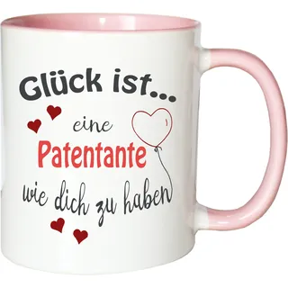 WarmherzIch Becher Tasse Glück ist... Patentante Kaffee Kaffeetasse liebevoll Bedruckt BFF Beste Freundin Schwester Weiß-Rosa