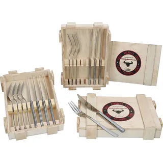 Justinus 24tlg BBQ Steakbesteck-Set für 12 Personen Messer Gabel inkl Holz-Kiste - Silber