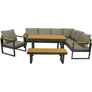 DEGAMO Diningset Loungeset KAMPALA 4-teilig, Alu anthrazit Akazie, Polster grau - Grau, Braun