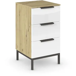 Rauch Möbel Flipp, Nachttisch für Schlafzimmer, Flur, Garderobe, 3 Schubladen, mit Softclose-Funktion, Griffe und Metallkufe Graphit, Farbe Eiche Artisan, Holz/Glas Weiß, Breite 40 cm