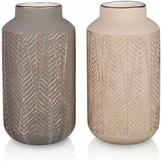 TERESA'S COLLECTIONS Steingut Vasen Hellgrau und Hellgold Blumenvase Moderne Tischvase für Wohnkultur Wohnzimmerdekoration 2er Set 20 cm