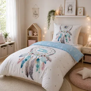 Traumfänger Bettwäsche Dreamcatcher Türkis-Blau, 2-teilig, 135x200 80x80 cm, Biber / Flanell aus 100% Baumwolle mit Reißverschluss - Weiß, Türkis, Hellblau