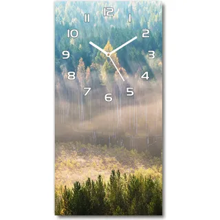 Wanduhr aus Glas – 30x60 cm - Glasbild - Glasuhr - Gehärtetes Glas -Nebel über dem Wald - Grün
