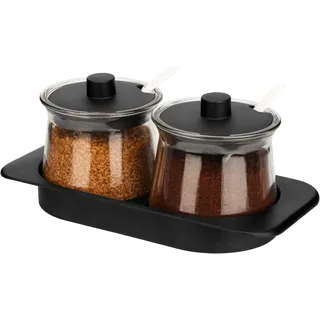BELLE VOUS 2-teiliges Gewürzgläser Rund Set mit Tablett - Transparente Gewürzgläser mit Löffel & Deckel - Gewürzdosen Glas für Salz, Zucker & Küchengewürze