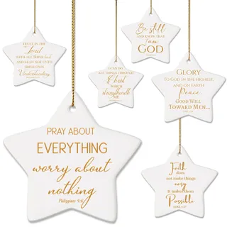 6 Stück christliche WeihnachtsbaumOrnamente sternförmige KeramikOrnament Flache religiöse Bibelvers inspirierende Zitate Frohe Weihnachten Andenken Ornament Weihnachten hängende Scheibe Ornamente