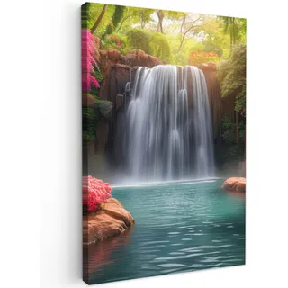 MuchoWow Leinwandbild Wasserfall - Natur - Pflanzen - Dschungel - Wasser Wanddeko Schlafzimmer 60x90 cm , Grün , Textil , Kiefer , Abstrakt , Rechteckig , 60x90 cm , FSC 100% , gerahmt , Bilder & Rahmen, Bilder, Leinwandbilder