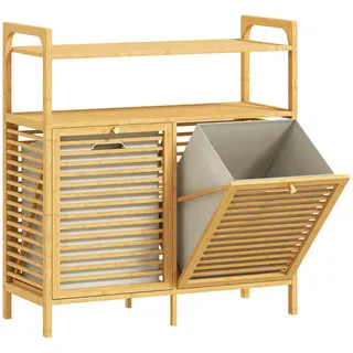 Homcom Wäschekorb Bambus Polyester Naturholz , Naturfarben , Textil , Echtholz,Bambus , 2 Fächer , 33x88x82 cm , Badezimmer, Badmöbel, Midischränke