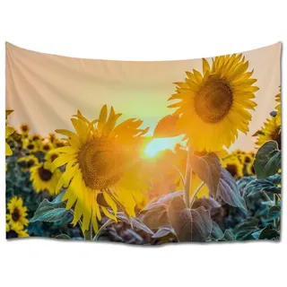 A.Monamour Wandteppich Blühendes Sonnenblumenfeld Bei Botanischem Thema Des Sonnenuntergangs Tuch Mandala Boho Hippie Psychedelic Tapisserie Wandbehang Wanddekoration Modern Abstrakte Kunst