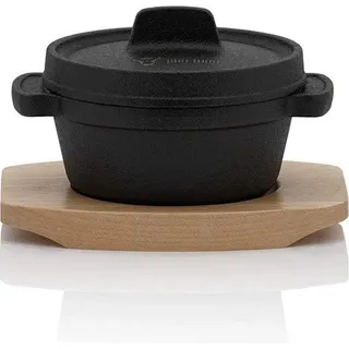Unyqoos® Mini Dutch Oven – kompakte gusseiserne Servier‐ und Bratpfanne Ø 11 cm, bereits eingebrannt (preseasoned), inkl. Holzuntersetzer, 1 Stück - Schwarz