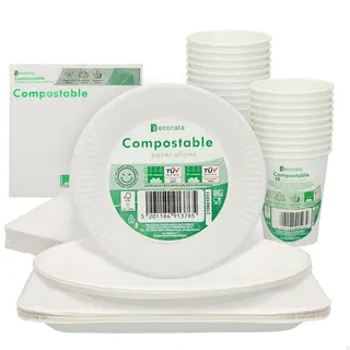 Aktive Procos 71345 Einweggeschirr 100% Papier 10 kleine Teller 10 große Teller 10 große quadratische Teller 20 Einwegbecher 20 Servietten 20 Servietten für 10 Personen