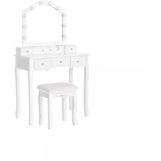In And OutdoorMatch Schminktisch-Set Ben - gepolsterter Hocker - 10 abnehmbare Glühbirnen - Aufbewahrungsbox - 6 Fächer - 5 Schubladen - Weiß - Weiß