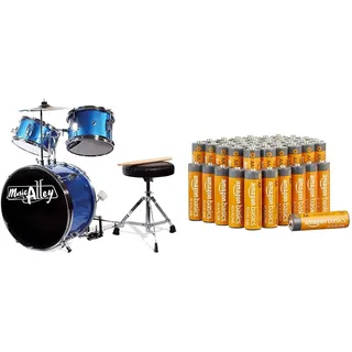 Music Alley Junior Drum Kit for Kids with Kick Drum Pedal, Drum Stool & Drum Sticks - Blue & Amazon Basics AA-Alkalisch-Batterien, leistungsstark, 1,5 V, 48er-Pack (Aussehen kann variieren)