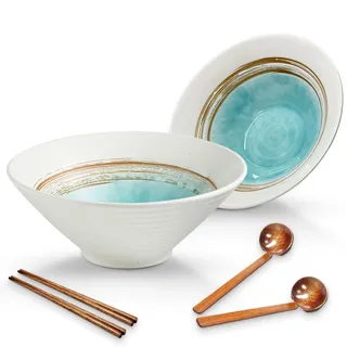 Ramen Schüssel Keramik Set, 2×1000ml Japanisches Geschirr mit Essstäbchen und Löffel, Premium Großer Pastaschüsseln, Suppenschalen, Salatschüsseln für Pho Ramen