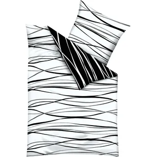 Wendebettwäsche KAEPPEL "MOTION 100% gekämmte Baumwolle", schwarz-weiß (schwarz, weiß), B/L: 155cm x 220cm, 1 Stk., 1 Stk., Mako-Satin, B/L: 80cm x 80cm, 2 Stk., Mako-Satin, Obermaterial: 100% Baumwolle, Bettwäsche, Wendebettwäsche, mit feinen Wellenlinien, Markenreißverschluss, Wendeoptik
