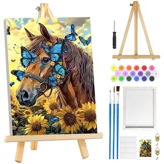 MOGTAA Pferd Malen Nach Zahlen Erwachsene mit Rahmen, Tiere Malen Nach Zahlen Mit Holzstaffelei, DIY Ölgemälde Leinwand Set Acrylic Malerei Bilder für Home Dekor, 20x30cm