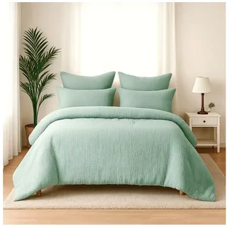 Wolkenfeld Musselin Bettwäsche 220x240 mit Reißverschluss – Aus 100 % Baumwolle – Atmungsaktiv & Weich – 2X Bettwäsche Musselin mit 2X 80x80 Kissenbezug Grün